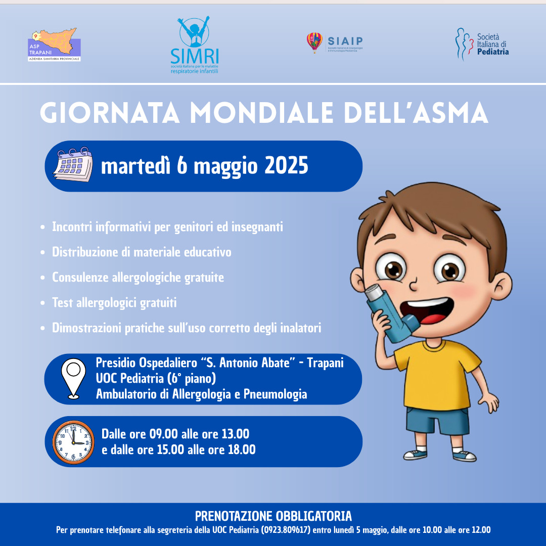 Giornata mondiale dell'Asma, consulenze e test allergici gratuiti alla Pediatria del P.O. di Trapani