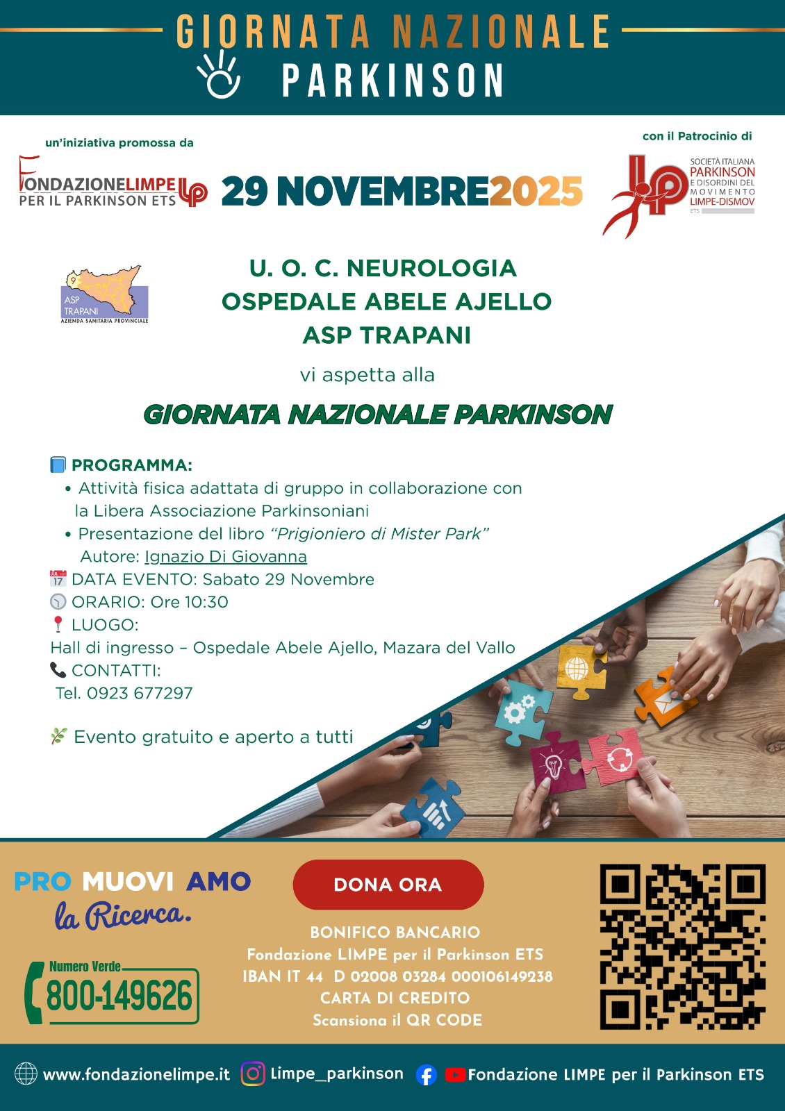 Giornata nazionale del Parkinson: sabato 29 novembre incontri e attività all'ospedale di Mazara
